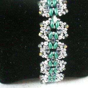 Silver Spruce Bracelet; Hand Beaded, Crystal Bracelet, Couture Bracelet